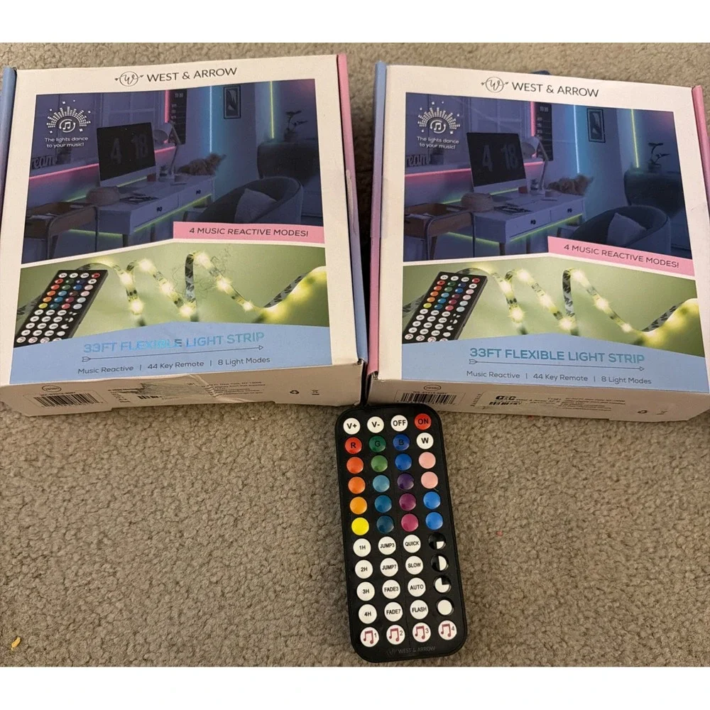 West & Arrow 33ft LED Light Strip Sound Reactive Music Sync RGB Remote 2 Pack